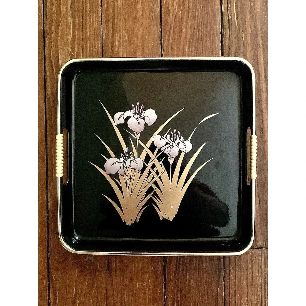 VINTAGE JAPANESE LACQUER SQUARE SERVING TRAY BLACK GOLD IRIS FLOWER WICKER